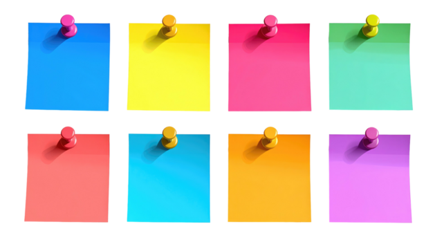 Eight colorful sticky notes pinned in two rows, casting soft shadows against a dark background