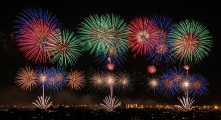 Fototapeta premium Vibrant fireworks display illuminating the night sky over a cityscape