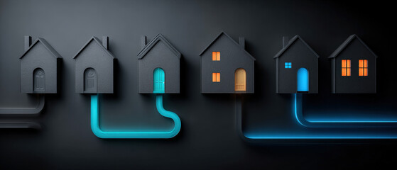 Five metallic houses connected by cyan AR pipeline on charcoal background infographic