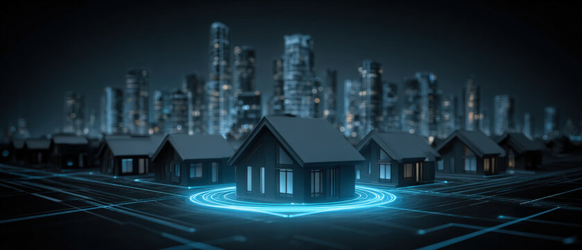 Matte navy blue houses connected by cyan network lines with holographic accessibility rings