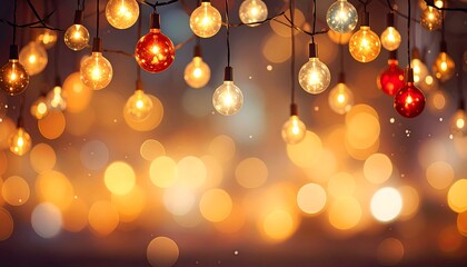 Warm bokeh background with hanging illuminated light bulbs