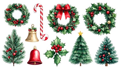 Watercolor illustrations of festive seasonal decor, including wreaths and ornaments