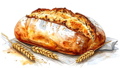 Watercolor rendering of a crusty loaf of bread with wheat stalks