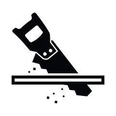 Sawing wood with a hand saw icon in a vector art style showing the action of cutting and wood shavings falling