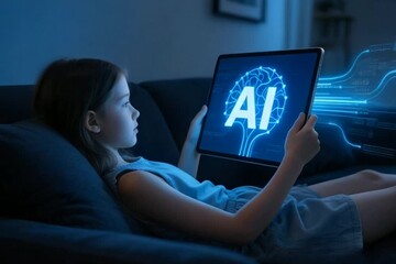 Little girl using tablet with glowing AI interface animation, futuristic digital background in motion, artificial intelligence concept, technology learning and innovation, cinematic stock video - Powered by Adobe
