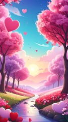 Whimsical landscape with blooming pink trees and heart-shaped elements