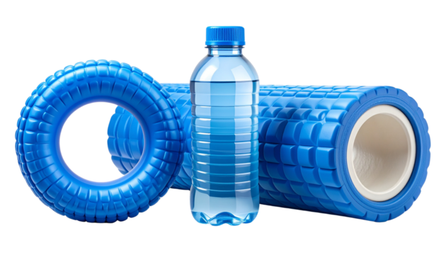 Realistic foam roller with a water bottle and wave-shaped stretch ring, arranged for fitness and exercise, isolated on a clean white background, PNG format