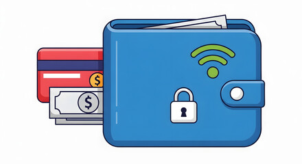 Illustration of a blue wallet containing cash and a credit card, featuring Wi-Fi and security lock symbols.