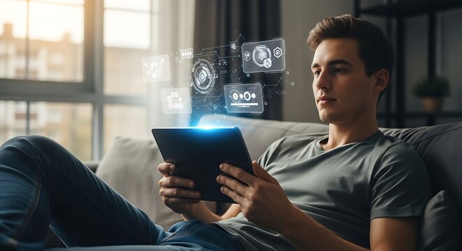 man relaxing on sofa using tablet with futuristic digital interface and data hologram.