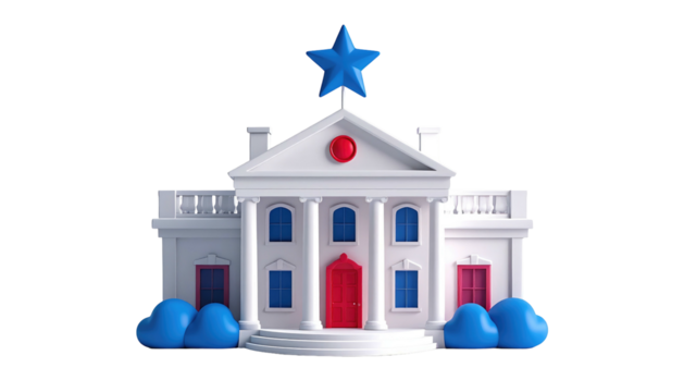 White, cartoonish rendering of a classical building, with red & blue accents, against a black background
