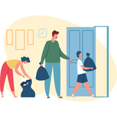 Family Tidy Up Together Carrying Garbage Bags Towards a Door in a Brightly Lit Room