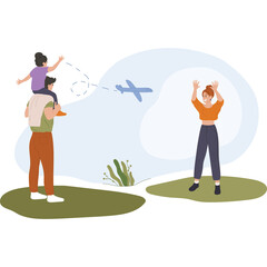 Family Watching Airplane Fly Overhead With Child On Father's Shoulders In Green Outdoor Field With Blue Sky Background And Trees