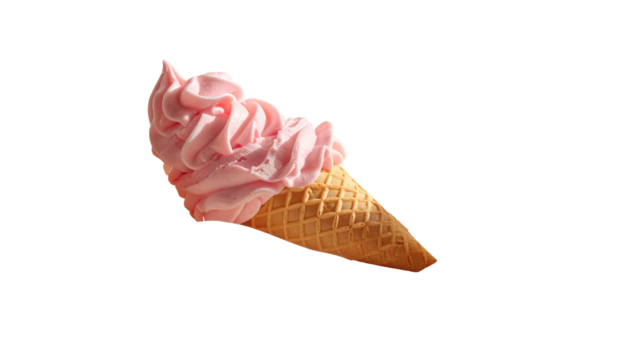 Strawberry ice cream cone. Pink frozen dessert spirals atop a waffle cone, isolated against a black background, tasty treat