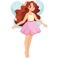 Fantasy Fairy Girl With Long Wavy Red Hair And Light Blue Wings Wearing A Pink Skirt And Yellow Polka Dot Top Floating In The Air On A Transparent Background