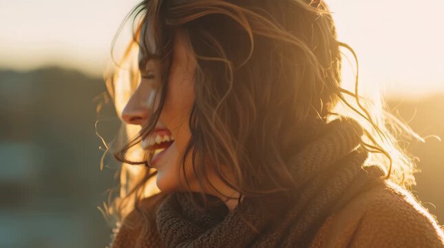 The woman has long, wind-swept brown hair and is wearing a chunky brown sweater or scarf. She first looks directly at the camera with a wide, genuine smile before turning her head to the side.