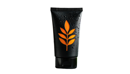 Black tube with a golden-orange stylized plant, adorned with water droplets, against a stark black backdrop