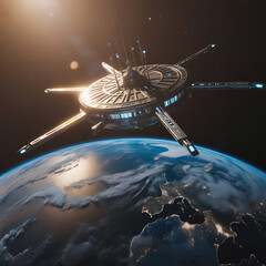A large spacecraft is orbiting Earth in space.