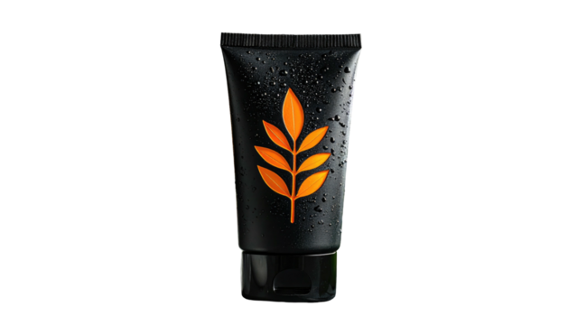 Black tube with a golden-orange stylized plant, adorned with water droplets, against a stark black backdrop