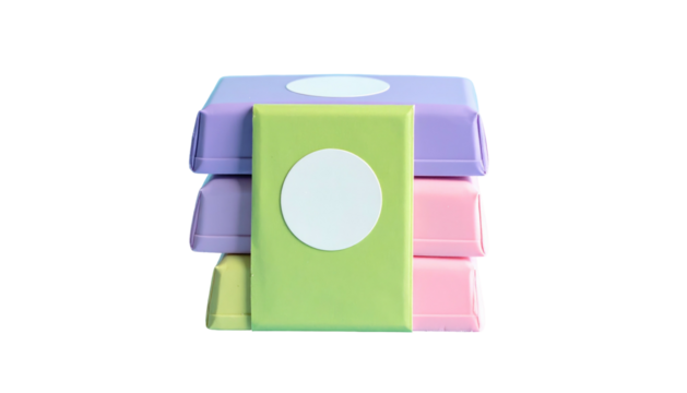 Stacked pastel boxes in lilac, pink, green, & yellow; centered, against black, each with a white circle