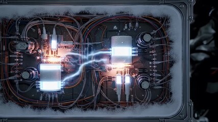 A complex network of wires and glowing components in a snow-edged metal box - Powered by Adobe