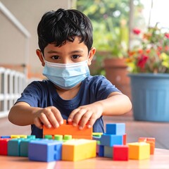 Young child with mask plays building blocks outdoors, looking at camera