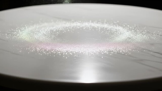 Powder is dusted onto a glossy, circular table forming a sparkling ring pattern