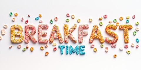 A colorful breakfast cereal word art with the words 'BREAKFAST' and 'TIME' spelled out with colorful cereal pieces on a white background.