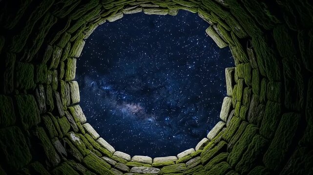 Stone well looking up at a night sky filled with distant stars and nebulous formations