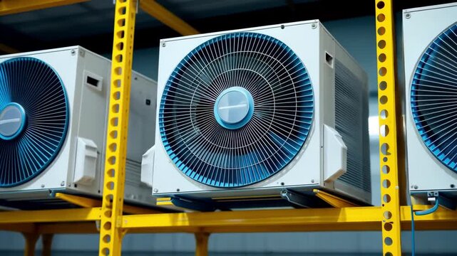 Rows of modern air conditioning units on yellow shelving, ready for installation.