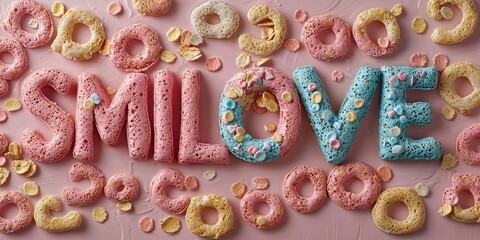 A colorful arrangement of cereal letters spelling out the word 'SMILove' on a pink background, with various cereal pieces and toppings scattered around.