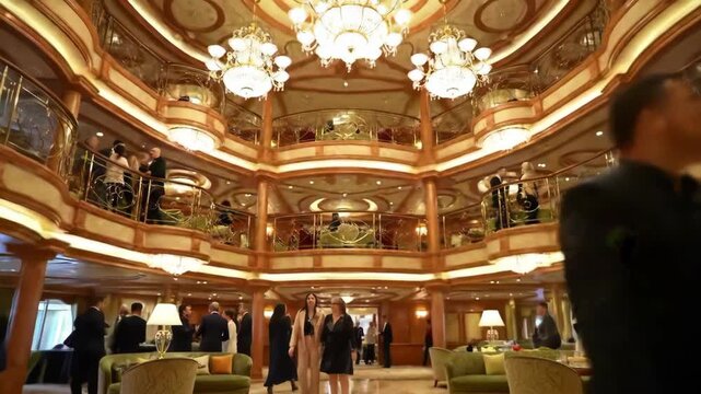 Elegant guests socializing in a luxury cruise ship atrium, chandeliers illuminate the scene. Use events