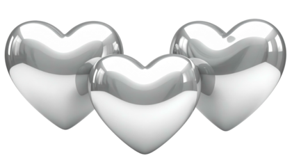 Three silver heart shapes overlapping on a black backdrop with glossy highlights and smooth rounded edges
