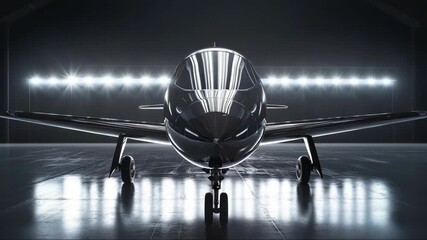 Sleek private jet on display in a modern hangar during a nighttime showcase event