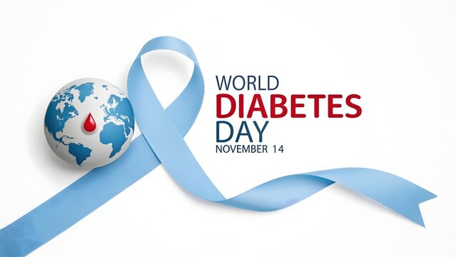 World diabetes day blue ribbon and globe isolated on white background