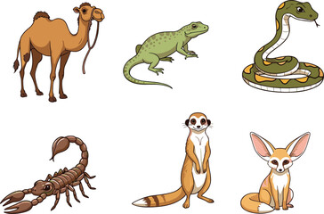 Cartoon Desert Animals Vector Set with Camel, Lizard, Snake, Scorpion, Meerkat, Fennec Fox – Wildlife Clipart for Kids Education