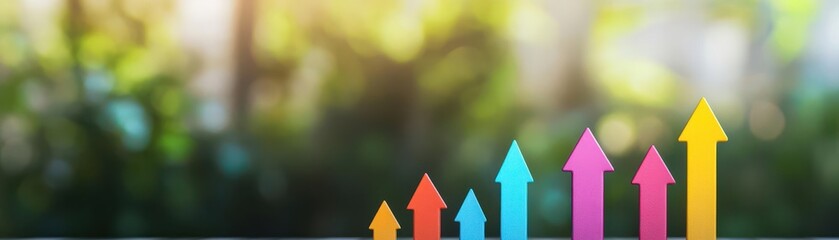 Vibrant colored arrows pointing upward on blurred nature background symbolizing growth progress success achievement and positive development concept