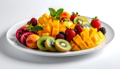 Colorful Fresh Fruit Salad with Mango Kiwi Strawberry Blackberry on White Plate