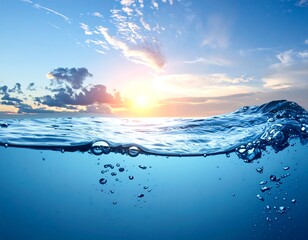 Split-view of sunset over ocean with bubbles