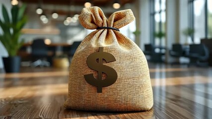Money bag with dollar sign on wooden floor in a modern office setting. - Powered by Adobe