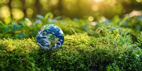 A small, round, green planet Earth sitting on a lush, green mossy surface with a blurred, bokeh background, under a golden, sunlit sky.