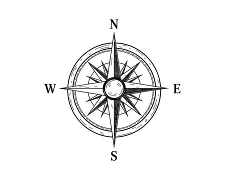 Compass rose navigation symbol Hand drawn sketch of compass for maps or marine travel