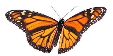Fototapeta premium Monarch butterfly with orange and black wings, perched on a white background