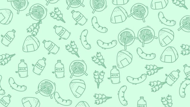 Seamless doodle animation featuring Japanese food icons like onigiri, ramen, dango, milk, and sausages. Perfect for food branding, kawaii design, packaging, social media, and animated backgrounds.