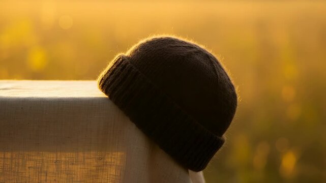 Serene still life of a dark knitted beanie cap against the warm, glowing light of a sunset in a natural outdoor field