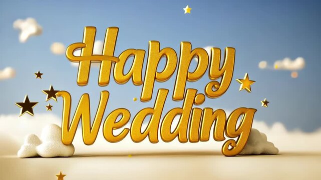 Charming 'Happy Wedding' message with golden text, clouds, and stars. Festive!