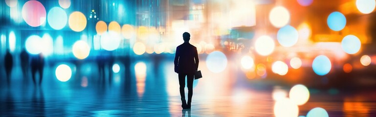 Fototapeta premium Silhouette of a man walking on a reflective street in a city at night with bokeh lights