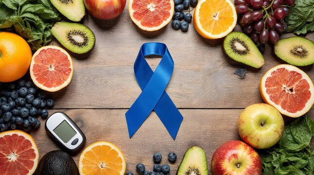 Healthy food and blue ribbon for diabetes awareness