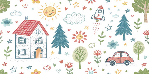 Whimsical hand-drawn doodle seamless pattern with house, rainbow, rocket, flowers, clouds, sun, trees, stars, and car. Cute colorful kids sketch background for fabric, wallpaper, or stationery.