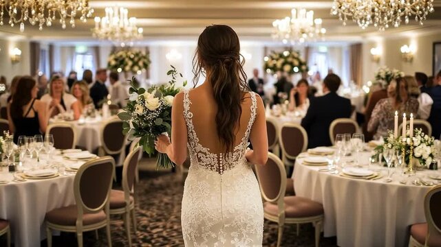 Elegant bride with bouquet entering a grand wedding reception hall.