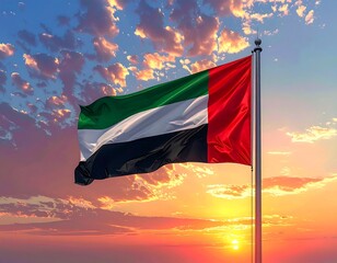 The United Arab Emirates flag waving gracefully at sunset